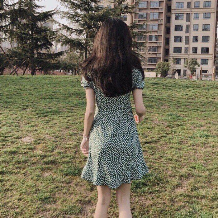 Xiaozhainv Đầm tay ngắn cổ tròn hoạ tiết hoa nữ tính | BigBuy360 - bigbuy360.vn