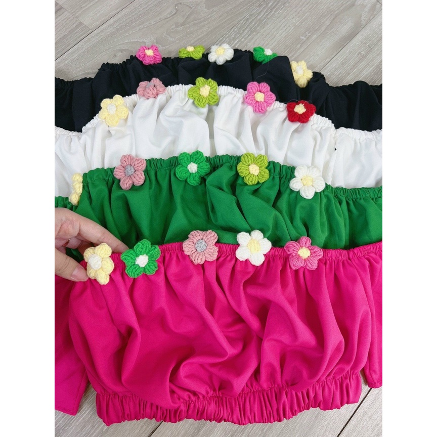 Áo croptop hở vai đính hoa len sexy