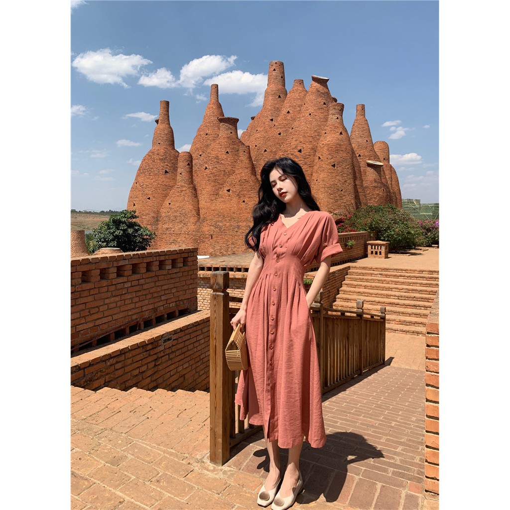 Đầm maxi vintage xếp ly ngực eo D132
