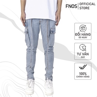 Quần jean nam cargo túi hộp cao cấp FNOS CR2 màu xanh kèm dây form slimfit jean thun co giãn