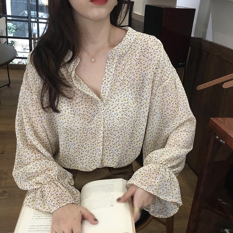 Áo Chiffon Cổ Tròn Tay Dài Họa Tiết Phong Cách Thời Trang Retro Hàn