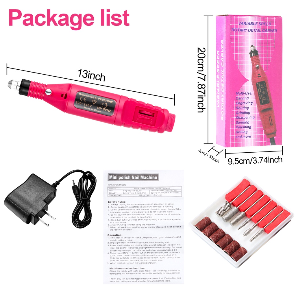 [Hàng mới về] Máy mài móng tay mini nhiều màu sắc + bộ đổi nguồn AC + 6 bit + 6 băng nhám + hướng dẫn sử dụng