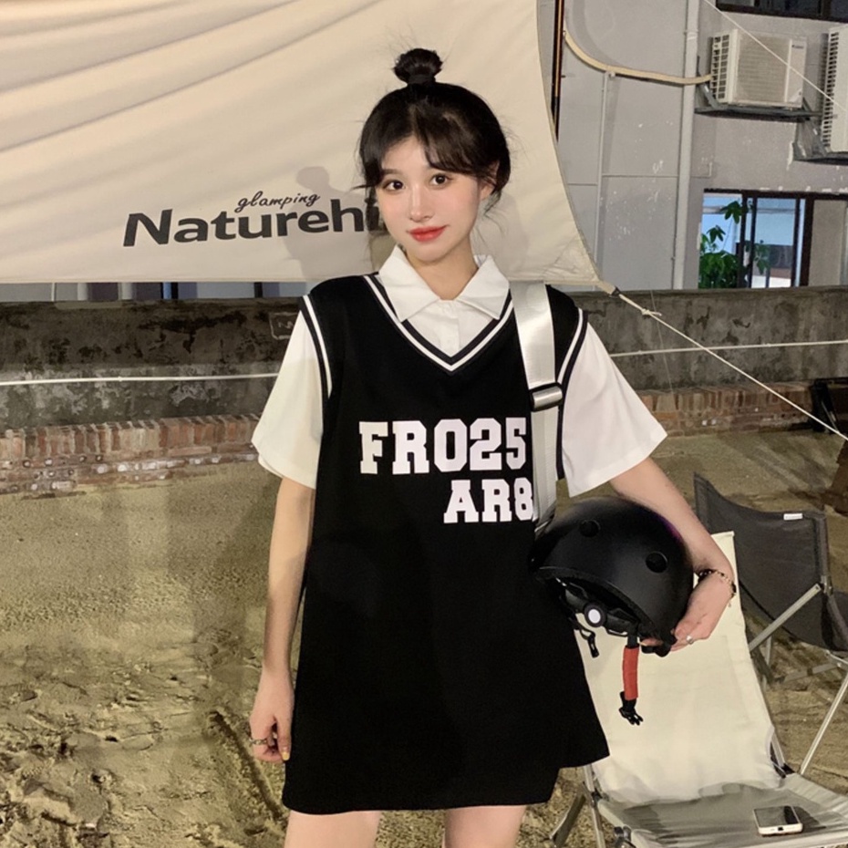 Đầm Thể Thao Ngắn Tay Dáng Rộng Có Cổ Thời Trang Hàn Quốc Cho Nữ