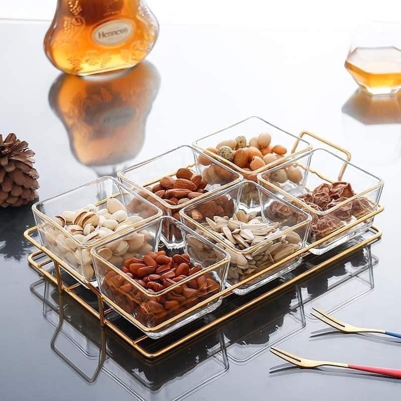 Khay đựng mứt Tết 4-6 ngăn thủy tinh cao cấp, hộp đựng bánh kẹo sang trọng