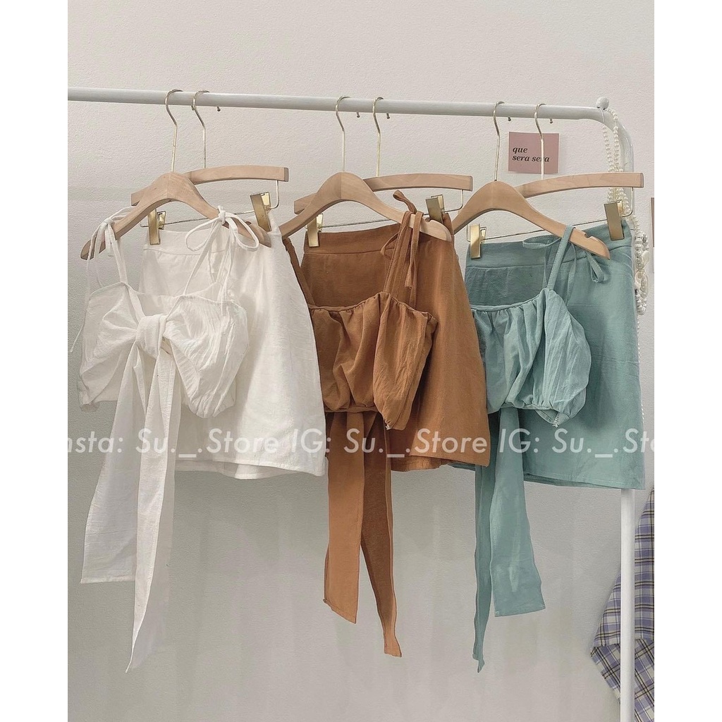 Set áo hai dây nơ và váy , Sét 2 dây thắt nơ sau kèm chân váy ngắn 3 màu  cicidream