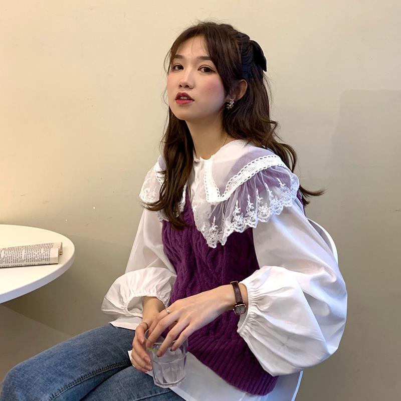 Set Áo Sơ Mi Tay Dài + Áo Len Không Tay Thời Trang Mùa Thu Cho Nữ