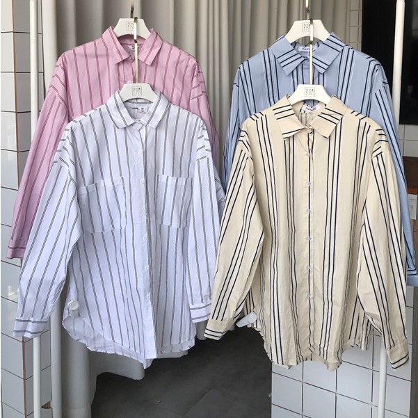 Áo sơ mi kẻ sọc mùa hè phom oversized chất cotton mịn mát - AV818
