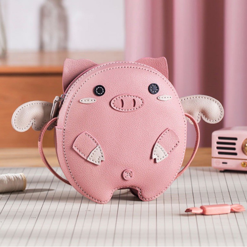 DIY bộ kit túi da đeo chéo Ulzzang tự may hình heo con đáng yêu nguyên liệu đầy đủ cắt sẵn làm quà tặng ý nghĩa lenmade