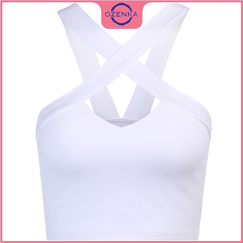 Áo 2 dây chéo croptop nữ OZENKA , áo sát nách nữ thun gân 100% cotton ôm body gợi cảm màu đen trắng freesize dưới 50 kg