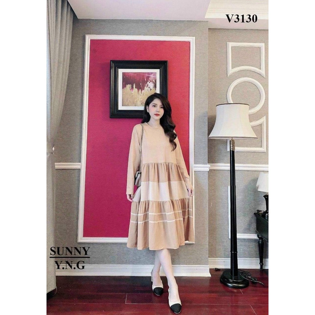 Váy bầu cotton dài tay THU ĐÔNG, xếp tầng v244