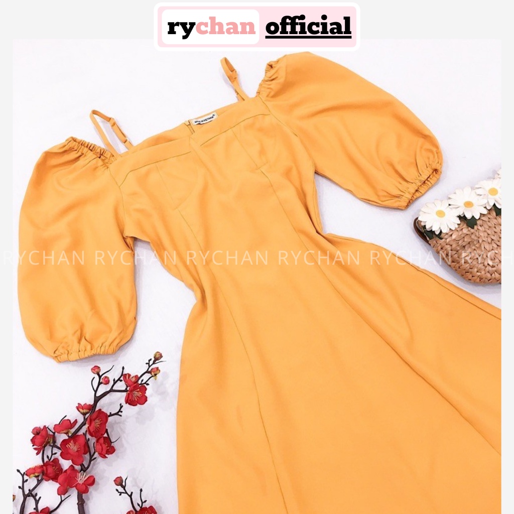 Đầm Nữ Dự Tiệc Form Ngắn Cổ Vuông Tay Phồng Chun Phối Dây Chiết Eo Màu Vàng [ẢNH THẬT CUỐI] - DX9843