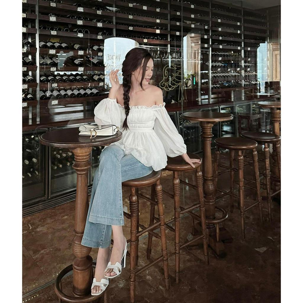 Áo trễ vai tay dài tiểu thư, chiết eo, phồng xoè