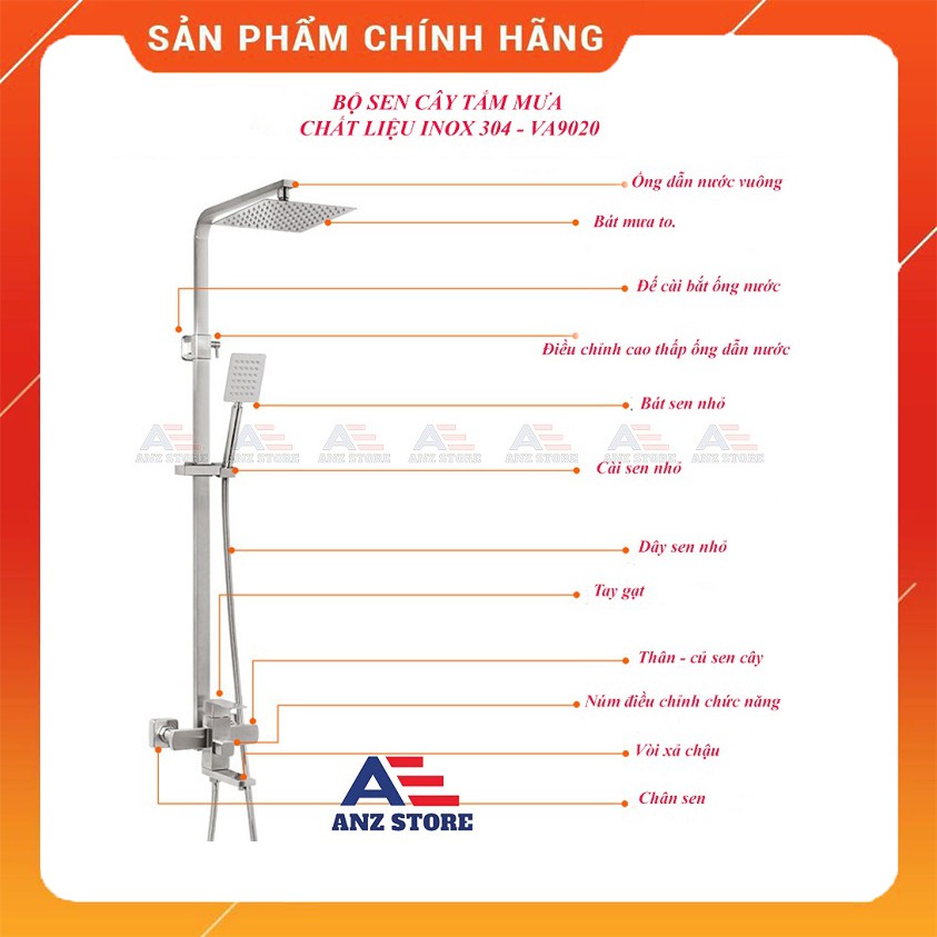 BỘ SEN CÂY TẮM MƯA ĐỨNG INOX 100% SUS-304 MẪU VUÔNG VIAS - VA9020 - VIỆT Á