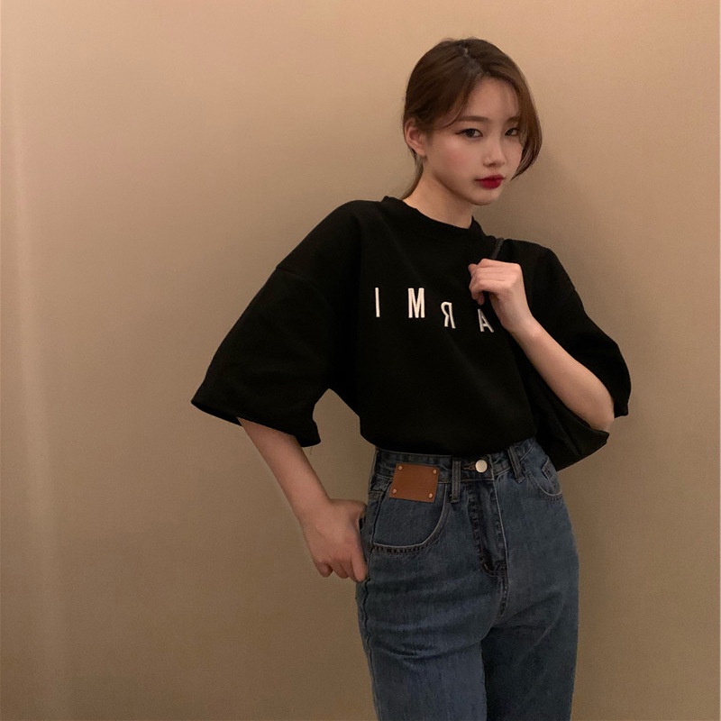 Áo thun IELGY dáng dài rộng in chữ phong cách mùa hè Hàn Quốc cho nữ