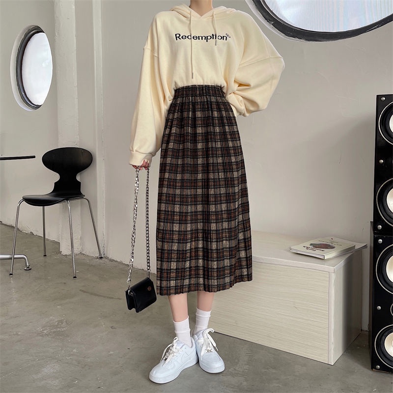 Chân Váy midi Dáng Rộng Họa Tiết Kẻ Sọc Phong Cách Hàn Quốc Cổ Điển Thời Trang Mùa Thu Mới