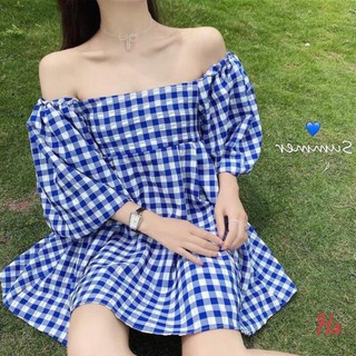 Áo babydoll trễ vai tay bồng kẻ caro xanh dáng suông cực xinh