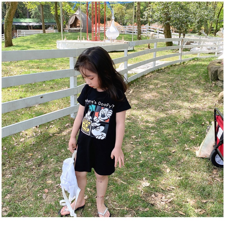 Đầm Thun Dài Tay Ngắn In Hình Chuột Mickey Hoạt Hình Thời Trang Mùa Hè Dành Cho Bé Gái