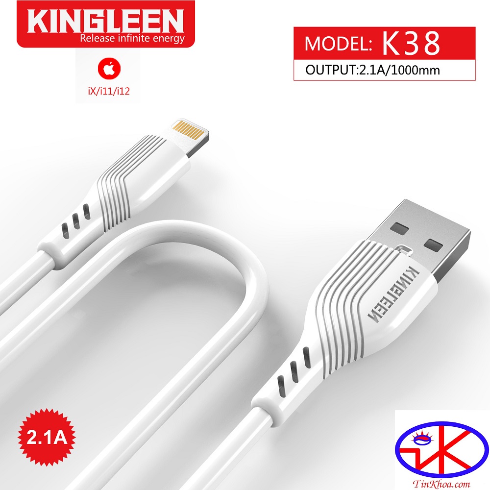 Cáp sạc nhanh Lightning 2.1A dài 1m Kingleen K38.