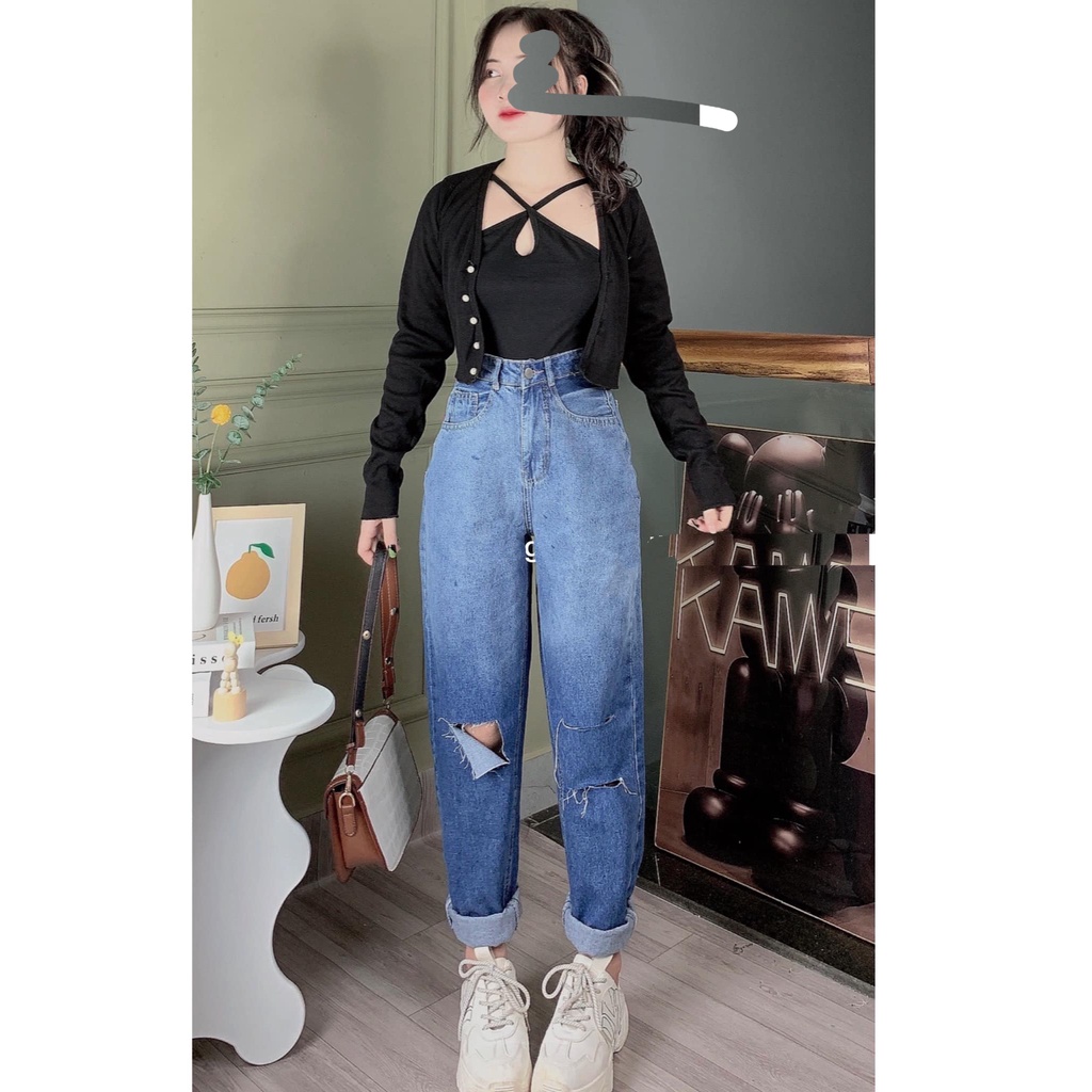 QUẦN BAGGY JEANS NỮ LƯNG CAO LOANG MÀU XANH ĐẬM RÁCH VẠT PHẢI 2 SỌC TRÁI DÀY DẶN MỀM MỊN PHONG CÁCH NITIQC SIÊU NGẦU