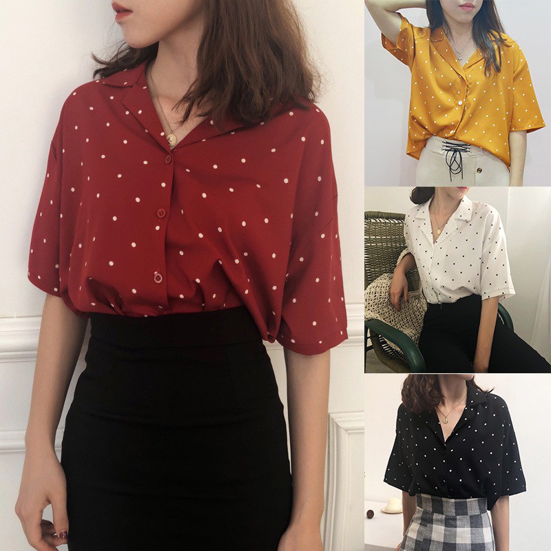 [Baywellfashion]Áo kiểu vải voan tay ngắn hoạ tiết chấm bi thanh lịch dành cho nữ