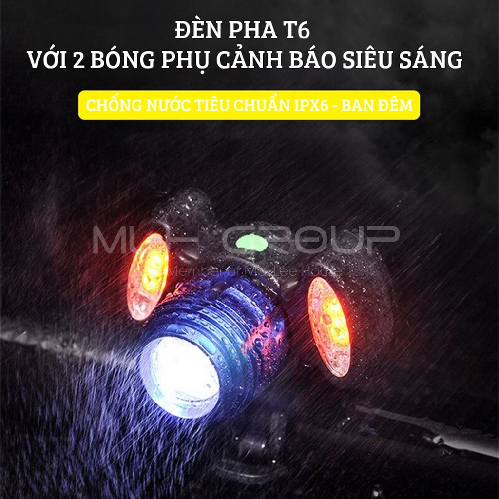 Đèn Đạp, Đèn Pin Xe Đạp T6 Siêu Sáng Gắn Ghi Đông Sạc Điện Micro USB Với 2 Bóng Phụ Màu Đỏ Cảnh Báo An Toàn Ban Đêm MLH