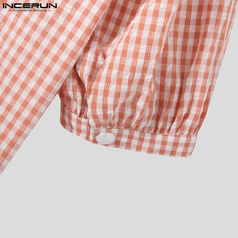 Áo sơ mi Incerun tay ngắn viền nhún bèo in kẻ sọc nhiều màu bắt mắt kiểu mùa hè cho nam