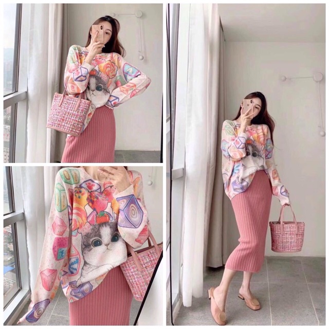 SET ÁO MÈO MIX CHÂN VÁY LEN HỒNG SIÊU HOT