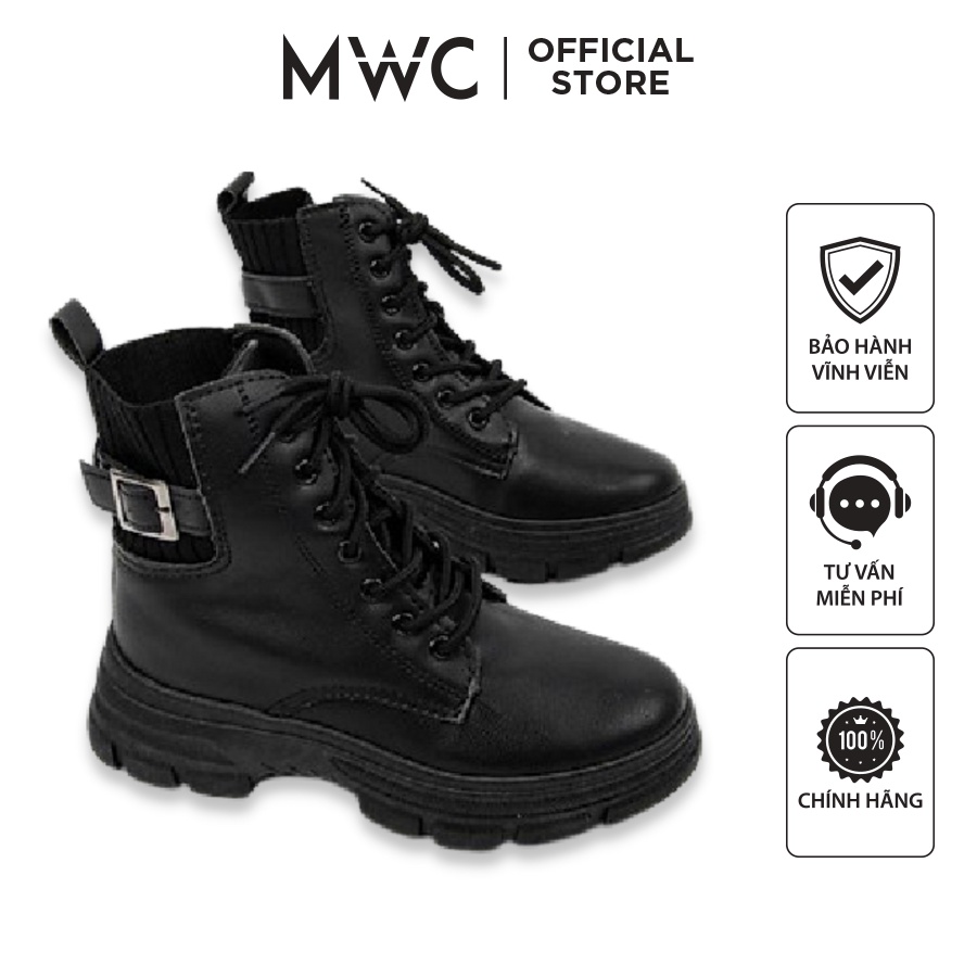 Giày MWC 0559 - Giày Thể Thao Nữ Cổ Cao, Giày Sneaker Nữ Độn Đế Chất Da Trơn Phối Vải Cá Tính