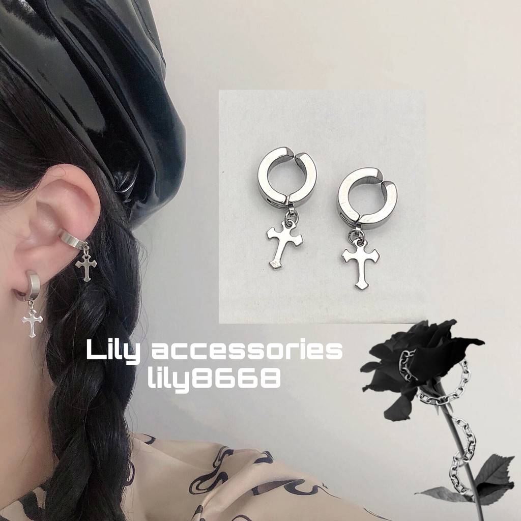 Cross Ear cuff kẹp tai titan thánh giá hoa cho nam nữ không cần xỏ lỗ không gỉ không đen không dị ứng