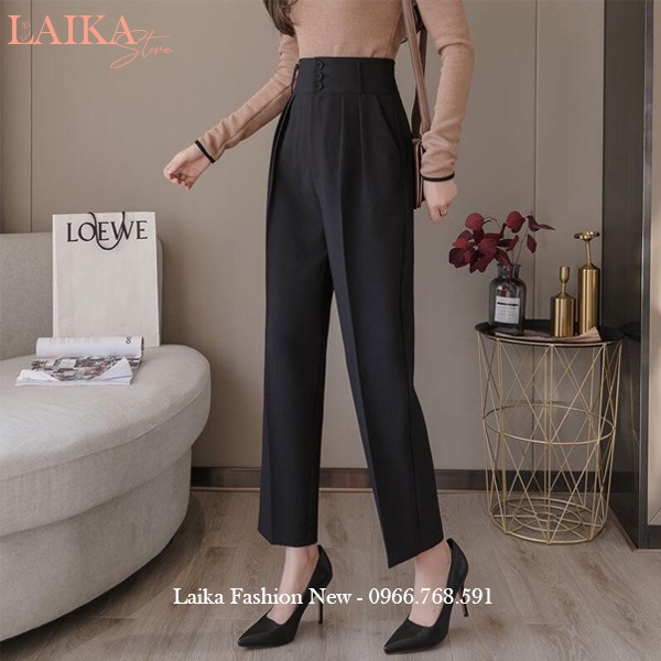 Quần baggy nữ cạp cao công sở bản to xếp ly phối 3 cúc dáng quần tây nữ lưng cao ống đứng vải dày mềm mặc đi học công sở
