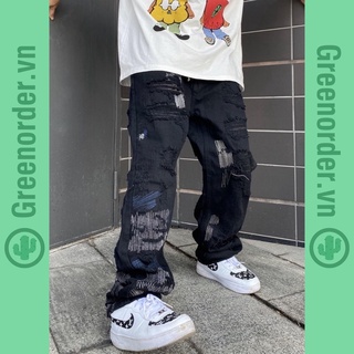 Quần jean form ống rộng unisex họa tiết chỉ thêu rách phong cách hiphop