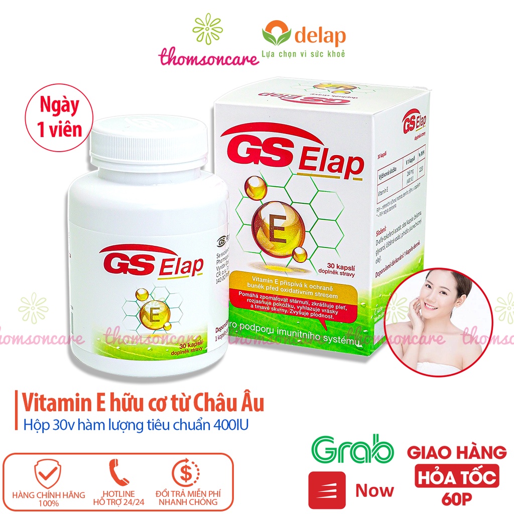 Vitamin E 400IU GS Elap, nhập khẩu từ Châu Âu, hộp 30 viên bổ sung vtm Enat hữu cơ, đẹp da