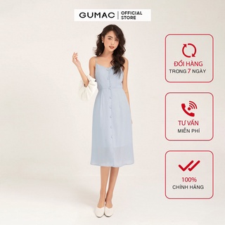 Đầm nữ 2 dây GUMAC phối nút dễ thương màu xanh, đủ size mới DB1114