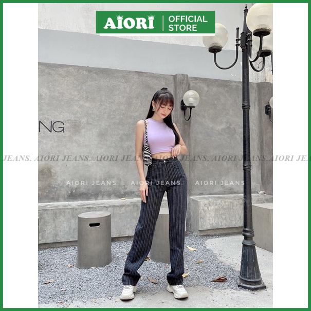 [Cao Cấp - Dài 105 cm] Quần Jean Nữ Ống Rộng Cao Cấp Kẻ Sọc Dọc Thời Trang Hàn Quốc Aiori Jeans_Mã S325