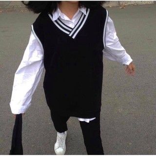Áo gile unisex form rộng nam nữ đen viền sọc