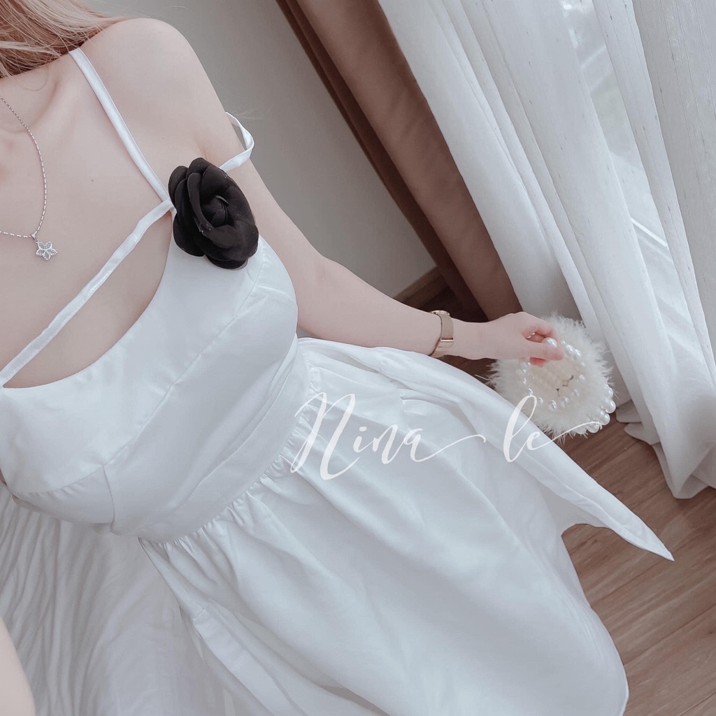 Váy đầm nữ dạ hội dáng xòe,đầm trắng 2 dây đính nơ đen trước ngực,đầm lụa dây kiểu rớt vai dự tiệc sang trọng, quyến rũ