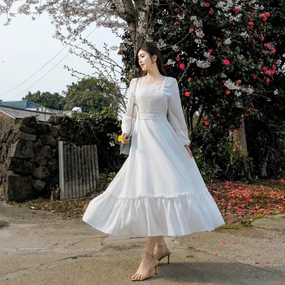 Đầm maxi trắng phối ren dáng xoè, ngực dập ly