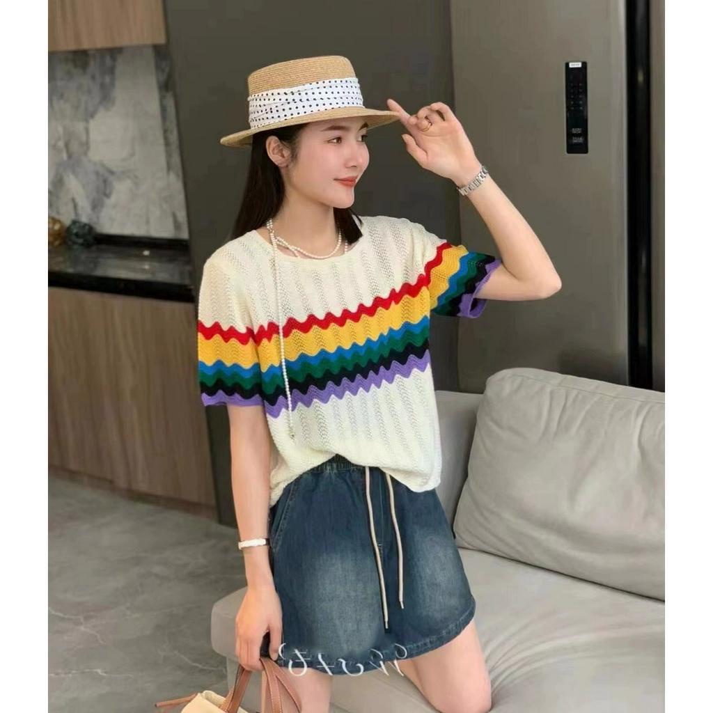 ZHELIHANGFEI Áo Dệt Kim Mỏng Tay Ngắn Dáng Rộng Họa Tiết Gợn Sóng Nhiều Màu Sắc Thời Trang Mùa Hè Cho Nữ