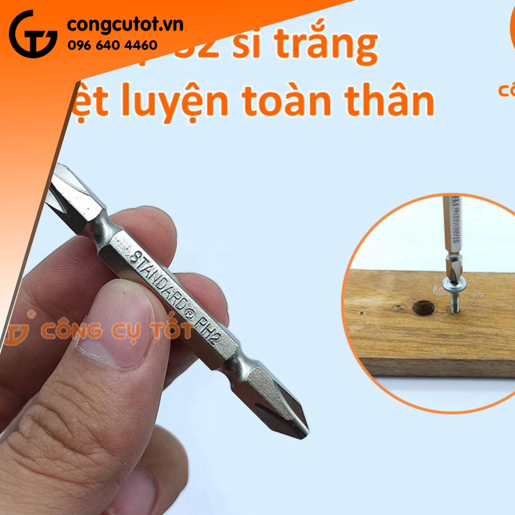 Mũi bắn vít 2 đầu bake thép S2 si trắng Standard Đài Loan dài 65mm