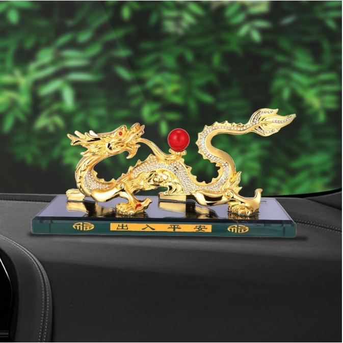 Tượng rồng vàng nhả ngọc phong thủy tặng kèm nước hoa trang trí trên taplo xe ô tô, xe hơi