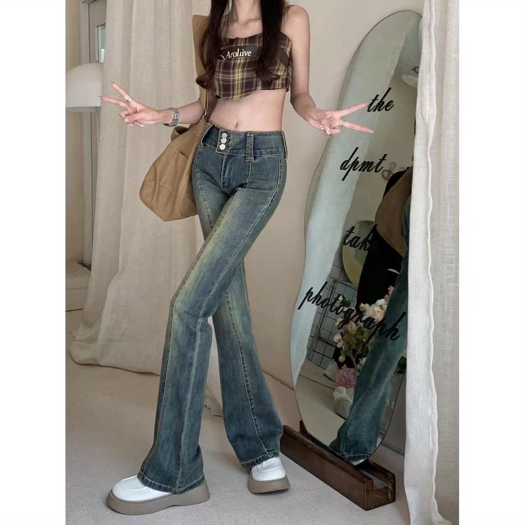 Quần Jean Nữ Ống Đứng Ôm Dáng Phong Cách Retro Hồng Kông Dễ Phối Đồ