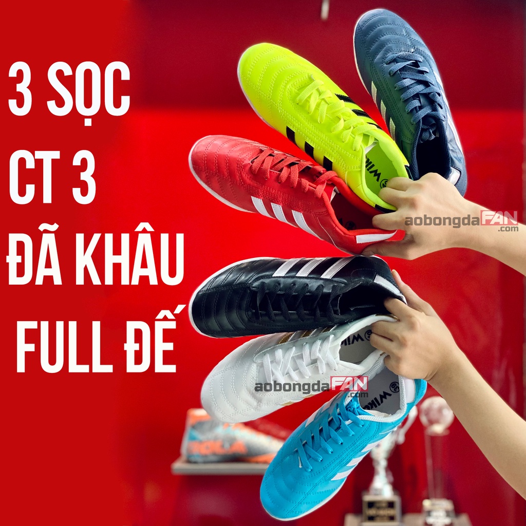 GIÀY BÓNG ĐÁ WIKA 3 SỌC - GIÀY PHỦI 3 SỌC DA NHĂN Chính Hãng- Đã may full đế