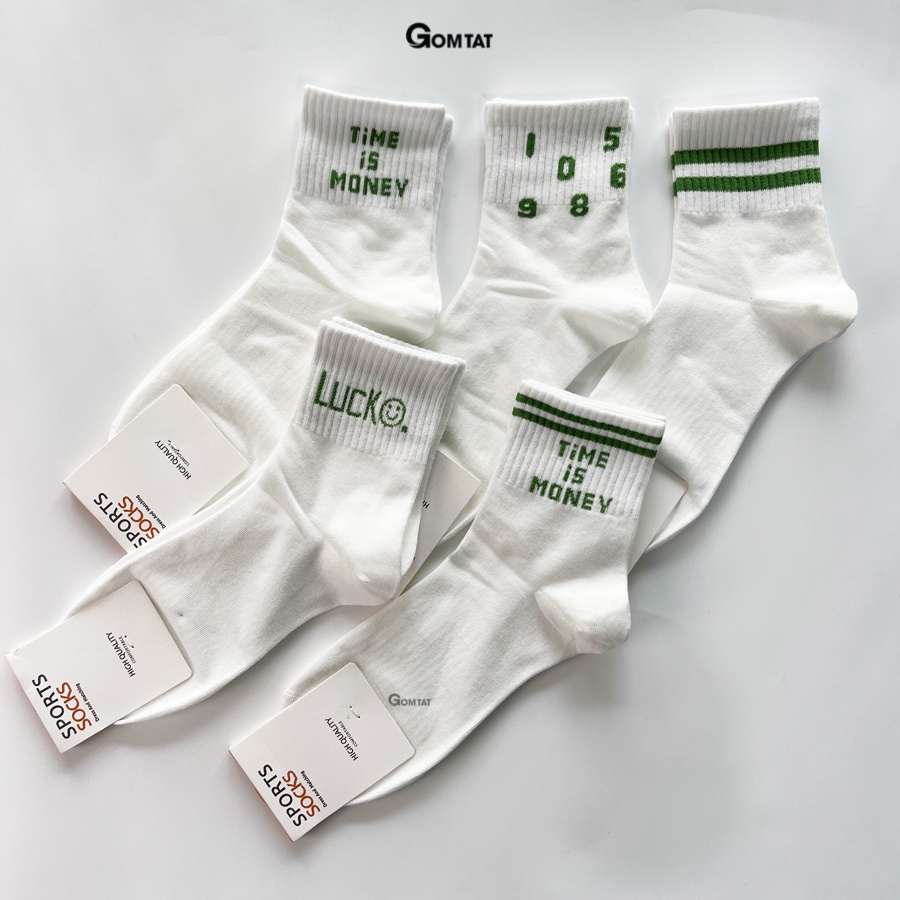 Set 5 đôi tất vớ nữ cổ trung GOMTAT họa tiết màu xanh cute, chất liệu cotton cao cấp thoáng khí - LISU14-LUNG-XANH-TIME