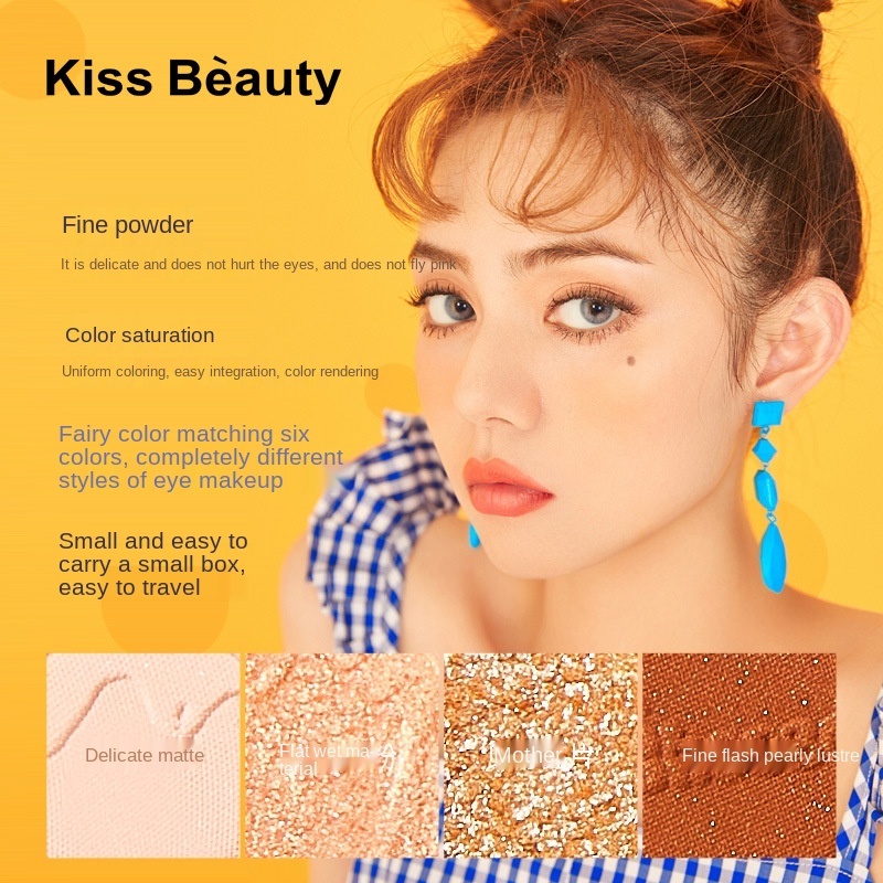 (Hàng Mới Về) Bảng Phấn Mắt 6 Màu Nhũ Lì Lâu Trôi Kiss Beauty