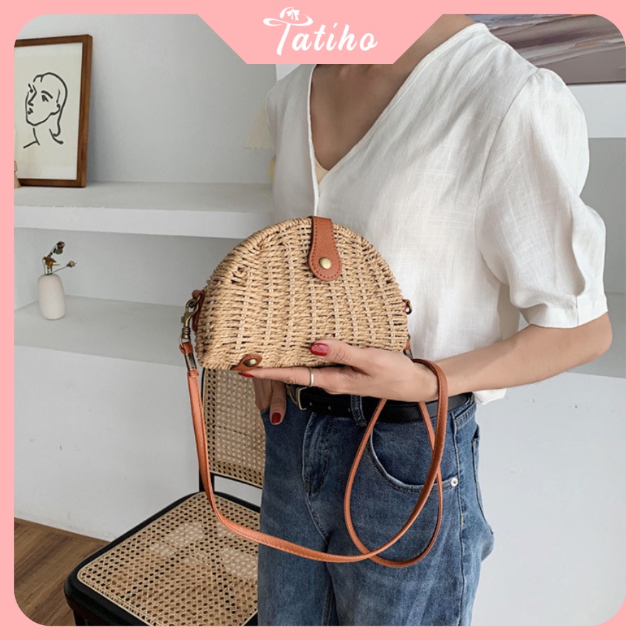 Túi Cói Đeo Chéo Mini Trơn Dễ Thương Phong Cách Hàn Quốc - TATIHO - Mã TUI63