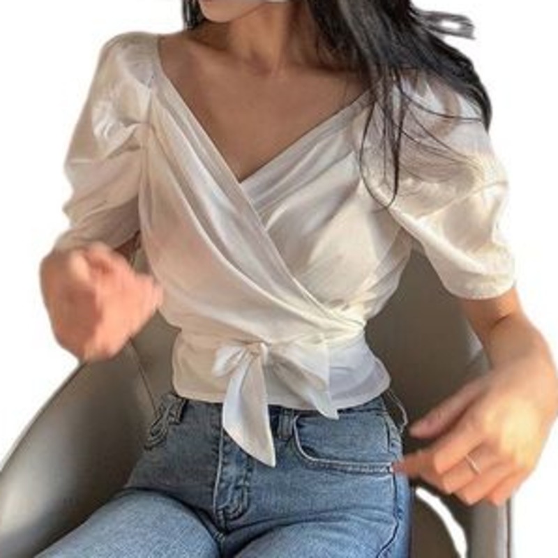Áo Sơ Mi Trắng Tay Ngắn 164155 Áo Kiểu Tay Phồng Màu Sắc Trơn Dễ Phối Đồ Thời Trang Dành Cho Nữ