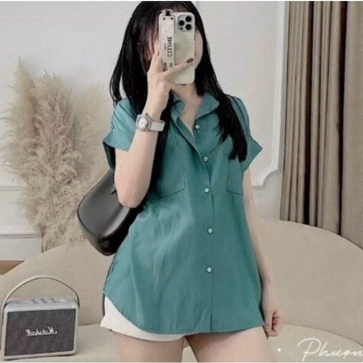 Áo sơ mi tay lỡ phối 2 túi chất Kate nhật dày dặn có ảnh thật chính chủ
