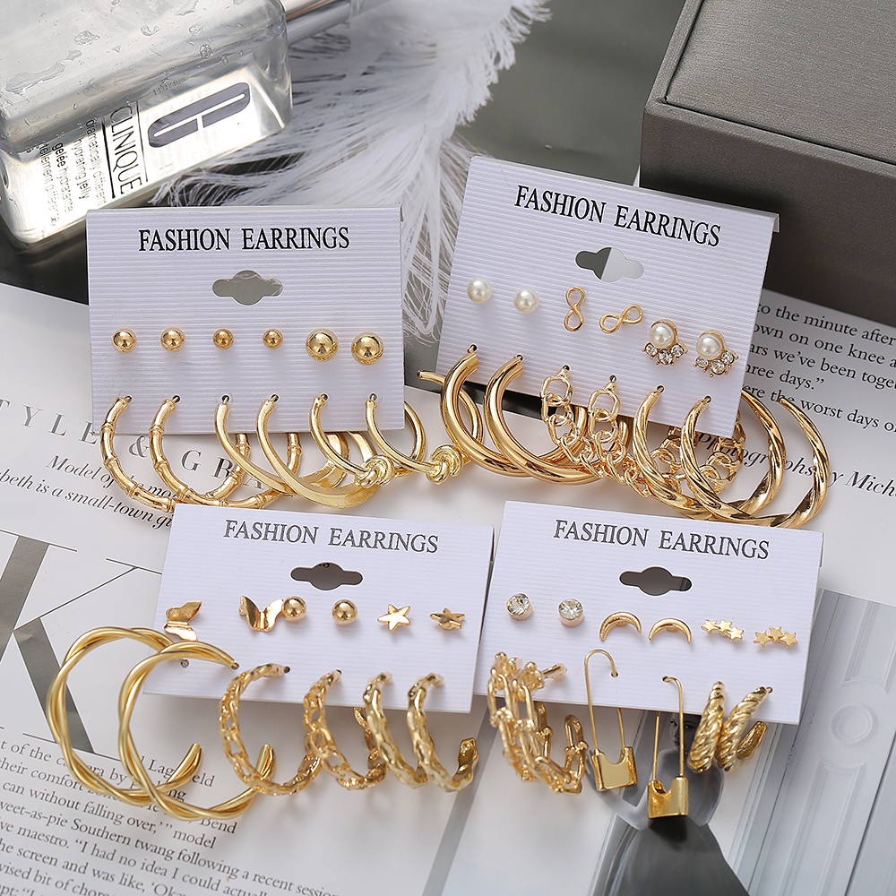 Set bông tai tròn mạ vàng đính ngọc trai giả phong cách thời trang sang trọng cổ điển