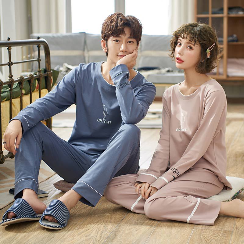 Bộ Đồ Ngủ Tay Dài Vải Cotton Kiểu Hàn Quốc Xinh Xắn Cho Các Cặp Đôi