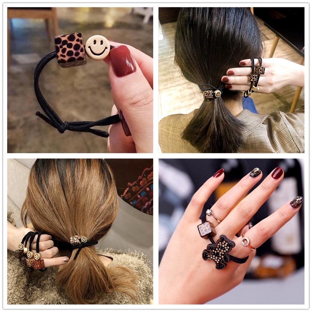 Dây cột tóc gắn quả lông/hình họa tiết da báo phong cách Vintage cho nữ